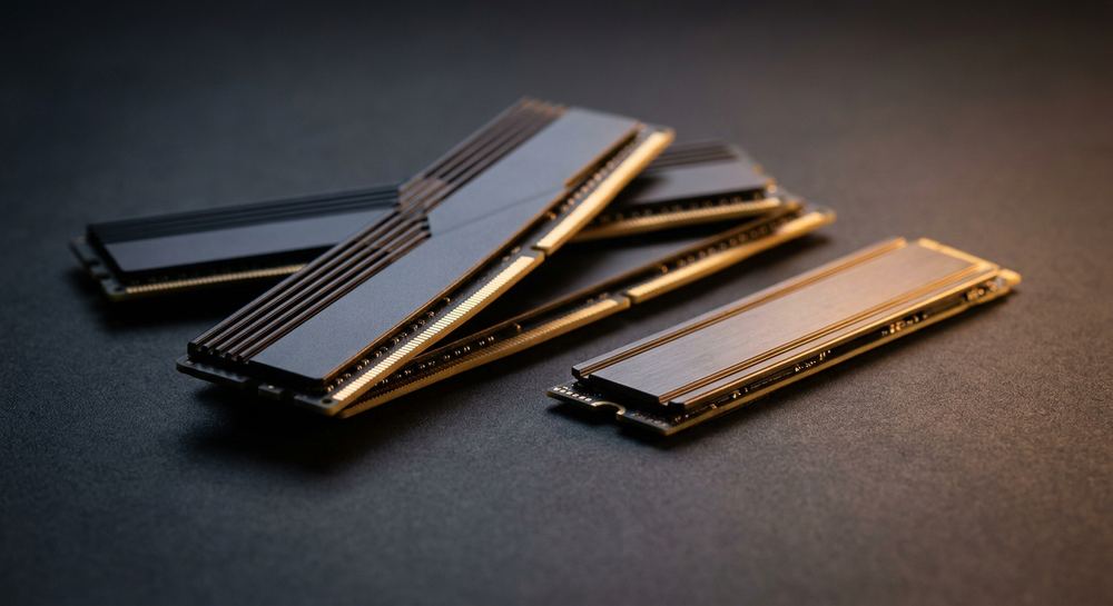 Модули серверной памяти и NVMe-накопитель крупны�� планом